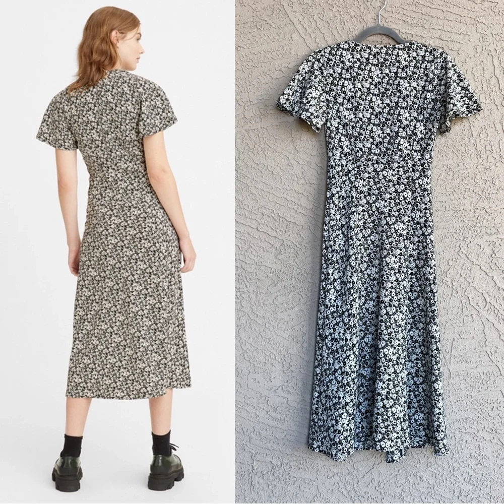 LEVI’S NWT Black White & Yellow Ditsy Floral Printed Button Down 90s Midi Dress - Picture 4 of 11